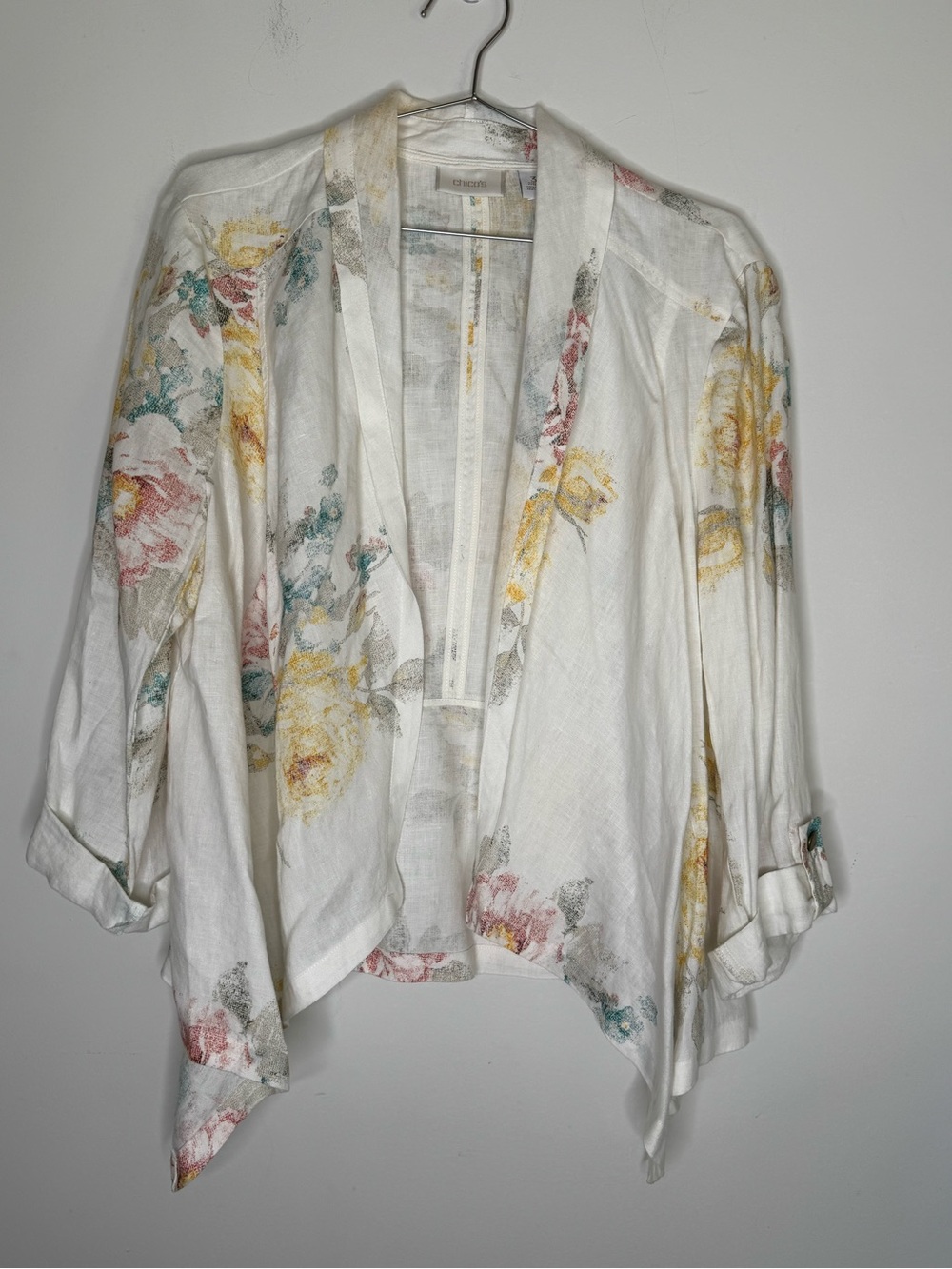 Chico's Cream Floral Boho Coastal Linen Unlined Blazer XL Size 3 Lightweight